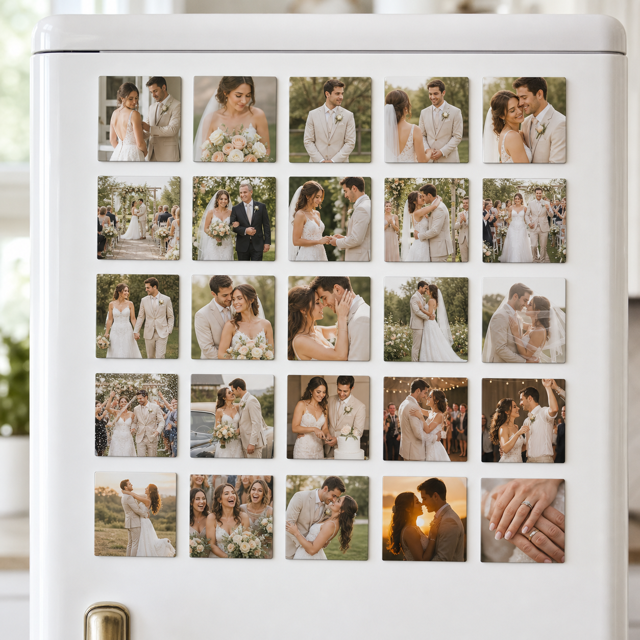 25 custom photo magnets displayed on a refrigerator